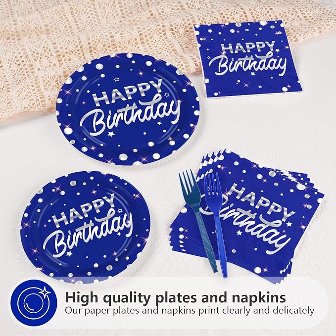 96Pcs Blue and Silver Birthday Party Decorations Silver Polka Dots on Blue Paper Plates and Napkins Disposable Tableware for Men Birthday Party Father's Day Graduation Decorations 2026 Serves 24