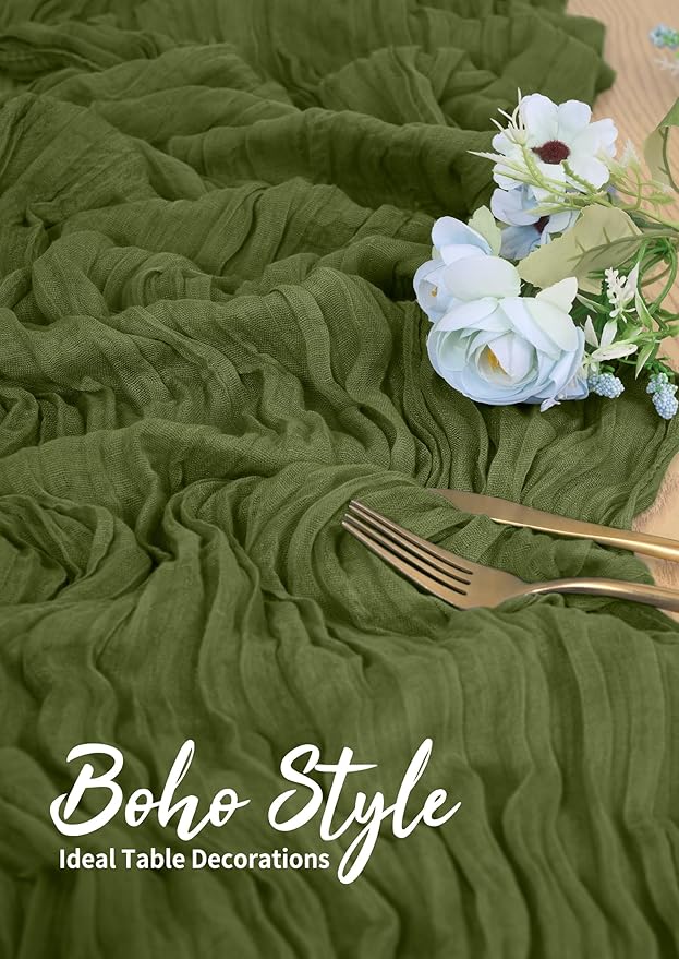 6 Pack Cheesecloth Table Runner Olive Green 10Ft Rustic Boho Gauze Table Runner Romantic Long Sheer Fabric Cheesecloth Table Runner for Wedding Festival Birthday Anniversary Dinner Outdoor Events