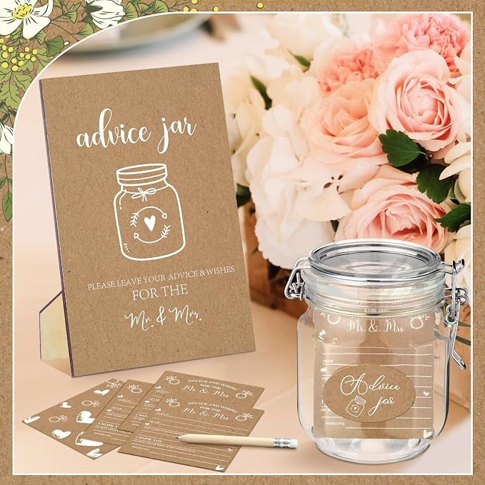Jetec 74 Pcs Advice and Wishes for the Mr and Mrs 60 Pcs Wedding Advice Cards Advice and Wishes Jar Box Bridal Shower Advice and Wishes Cards for Bride and Groom Bridal Shower Decor(Kraft Style)