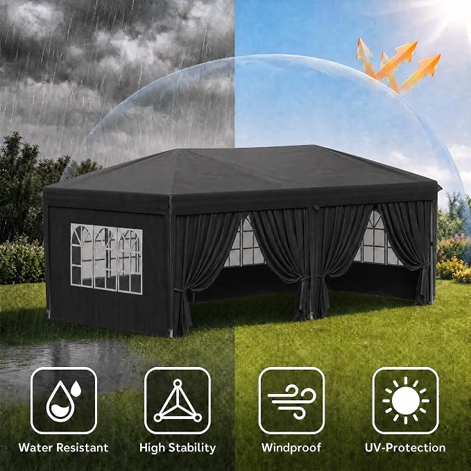 KIGOTY 10x20 FT Portable Pop Up Canopy Tent, Adjustable Height Instant Gazebo with Sidewalls, Sandbags, Waterproof Outdoor Canopy for Camping, Parties, Vendor Events (Black, 3m × 6m with sidewalls)