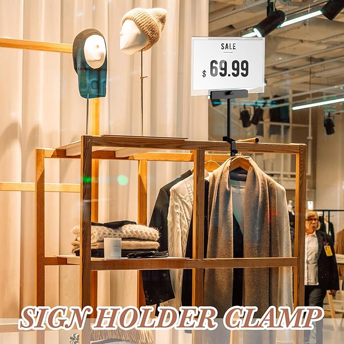 FoldTier 6 Set 5.5 x 7 Inch Clothing Rack Sign Holder Aluminum Alloy Retail Sign Holder with Clamp Acrylic Frame for Retail Stores Price Card Display(Black)