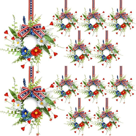 12 Pcs Mini Patriotic American Kitchen Cabinet Wreaths Small 4th of July Floral Swag Wreath for Front Door with Ribbon Daisy July Independence Day Hanging Wreath for Porch Wall Farmhouse Decor