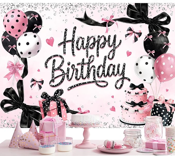 Black Pink Happy Birthday Backdrop 7Wx5H Feet Polyester Fabric Girly Bow Balloons Diamond Cake Elegant Decoration Sparkle Dot Pattern Luxury Photography Background Photo Shoot Props