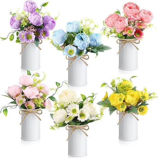 Wavwavw 6 Pcs Spring Table Centerpieces Peonies Artificial Flowers with Vase Purple Pink Blue Yellow Fake Floral Bouquet Arrangement Spring Summer Decorations for Home Dining Table Wedding Party Decor