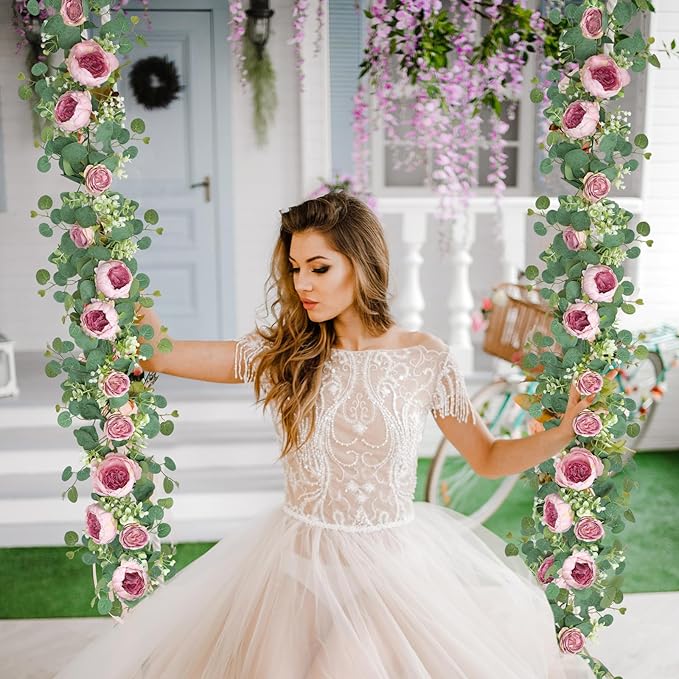 SOMYTING Artificial Flowers Garland 6FT Eucalyptus Flower Garlands Vintage Peony Rose Vine Faux Floral Garland for Wedding Party Arch Table Wall Backdrop Decoration (Vintage Pink, 4PCS)