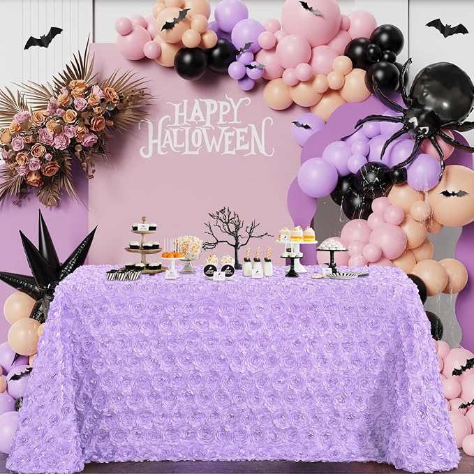 Fanqisi 50x102 Inches Rosette Satin Tablecloth Lavender Rosette Tablecloth 3D Rosette Table Line Rectangle Table Cover Wedding Party Baby Shower Decor