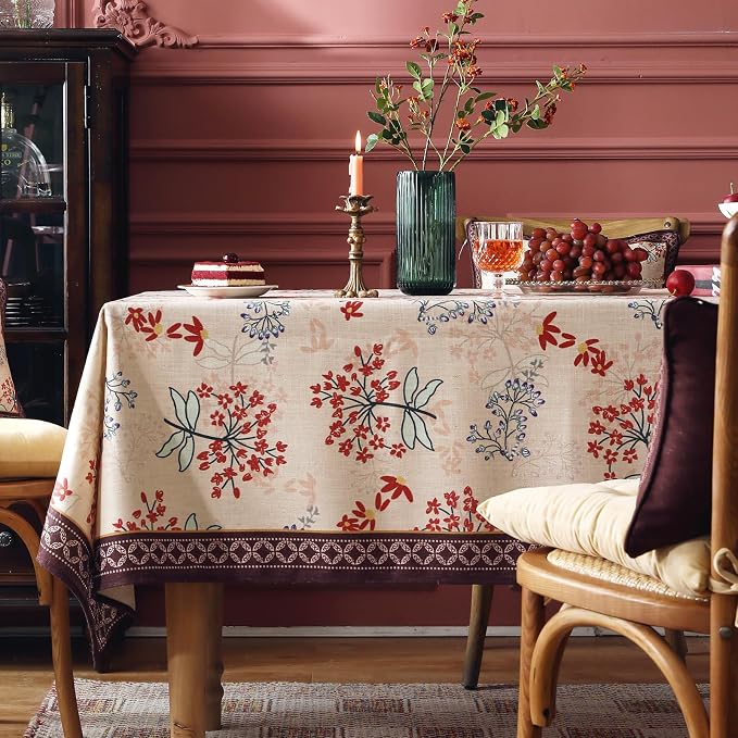 patdrea Vintage French Linen Tablecloth,Rectangular,71"x55"-NewMari | Elegant Printed Table Cloth for Rectangle Table,Red Floral Patterned,Dining Room Kitchen Tea Party Decoration,Durable