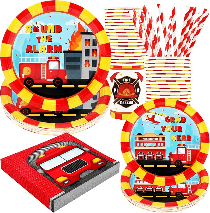 Recheel Firetruck Birthday Party Supplies Decorations, Fire Truck Theme Paper Plates and Napkins Set for 24 Guests, 120 Pcs Disposable Firefighter Party Dessert Dinnerwares