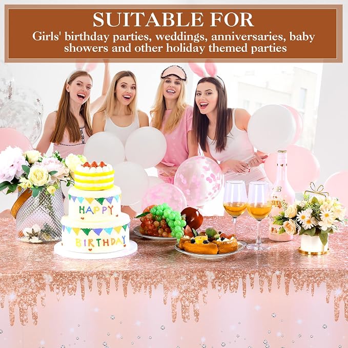 VitalCozy 12 Pack Rose Gold Tablecloth Glitter Diamond Plastic Table Cover Sequin Printed Tablecloth Party Decorations for Halloween Birthday Wedding Anniversary Party Supplies, 54x108 Inch