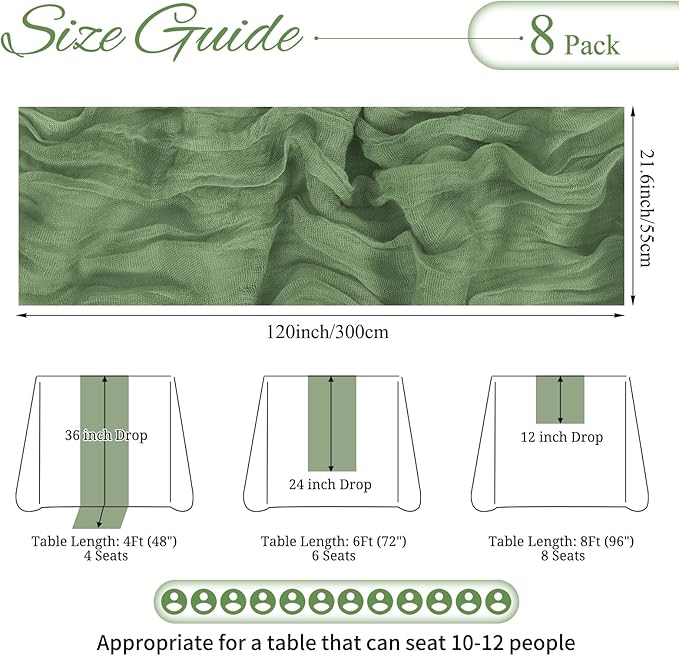 8 Pack Sage Green Cheesecloth Table Runner 10FT Boho Gauze Cheese Cloth Table Runner Rustic Sheer Fabric Table Runners for Wedding Bridal Shower Baby Shower Party(21.5×120 Inch)