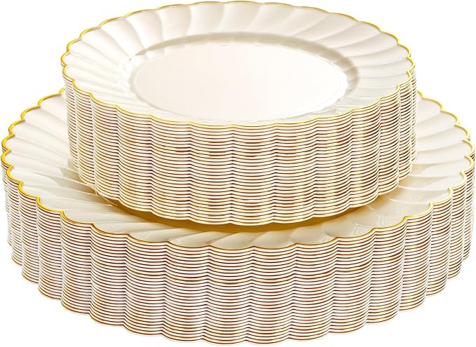 YOUBET 60PCS Ivory Scalloped Plastic Plates - Hard Craem and Gold Fancy Disposable Plates include 30 Gold Dinner Plate, 30 Dessert Plate for Wedding Party