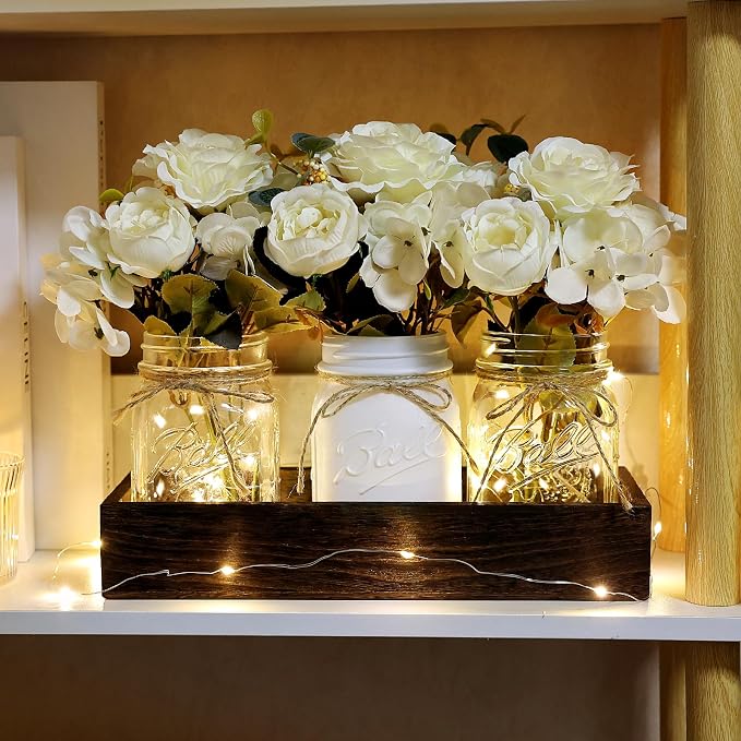 White Mason Jar Centerpiece for Table Kitchen Table Decor with Light | 3 Piece Farmhouse Coffee Table Decor with Fake Flowers Wood Tray for Living Dining Room Bathroom Wedding Outdoor Decoration