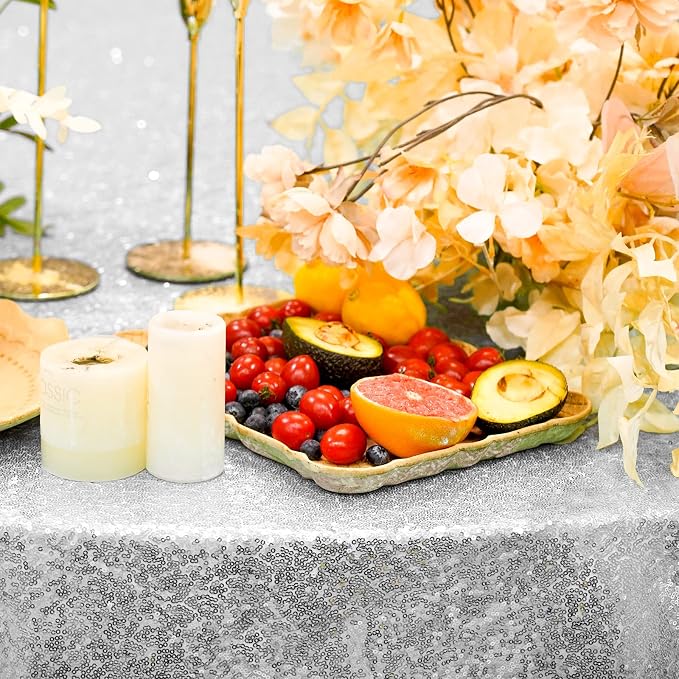 Silver Glitter Tablecloth 132'' Tablecloth Round Sequin Party Tablecloth Outdoor Table Cover Sequin Table Cloths for Birthy Wedding Party Decorations