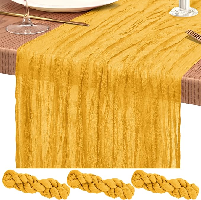 3 Pack Cheesecloth Table Runner 10FT Gold Table Runner Boho Gauze Cheese Cloth Table Runners Long Rustic Sheer Table Decorations for Wedding Party Baby Bridal Shower Birthday Holiday Home