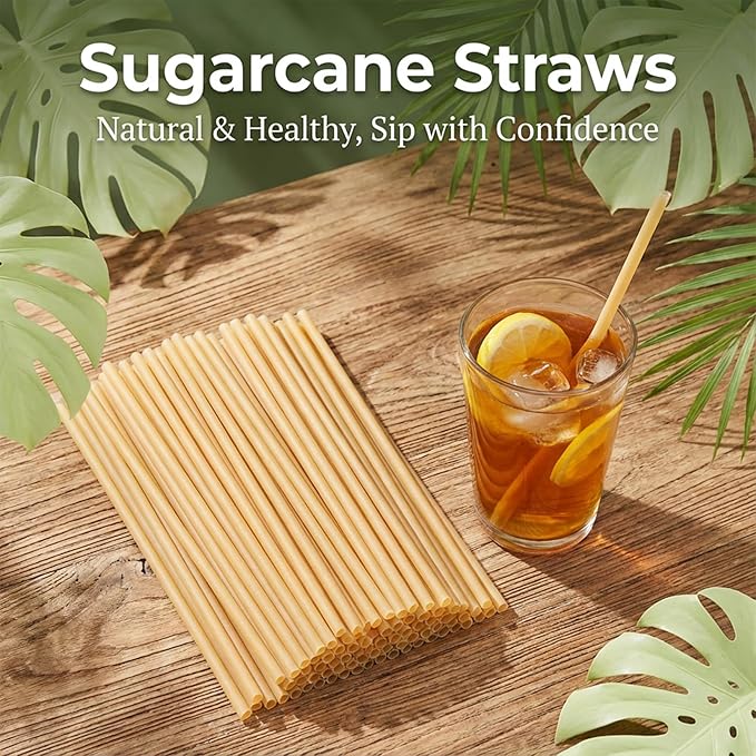 Sugarcane Straws - 100PCS Straws Disposable Biodegradable Compostable Long Sugar Cane Drinking Straws for Coffee, Juice, Milk, Smoothie, Cocktail, Party