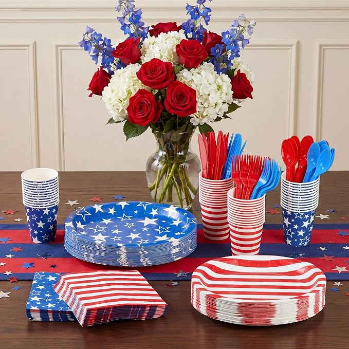 Pajean 350 Pcs 4th of July Party Decorations 12 inch Disposable Patriotic Oval Plates and Napkins Heavy Duty Star Stripe Paper Tableware Set for 50 Guests 250th Independence Party Supplies