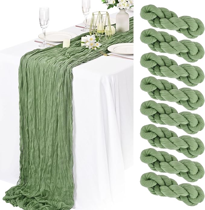 8 Pack Sage Green Cheesecloth Table Runner 10FT Long Boho Gauze Fabric Table Runner Vintage Rustic Sheer Runners for Wedding Party Bridal Baby Shower Table Decorations