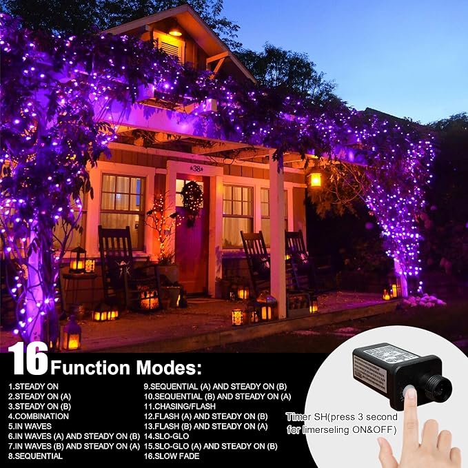LAMPHOME 165ft Purple String Lights, 500LED Halloween Lights Plug in,16 Modes Purple Christmas Lights, Indoor Outdoor Halloween String Lights for Christmas Tree Bedroom Garden Party Xmas Decor