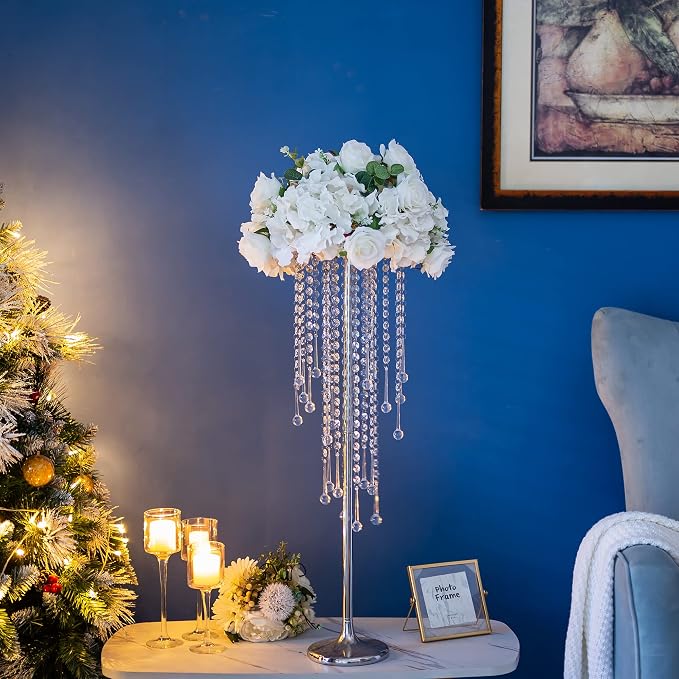 Silver Vases Wedding Centerpieces for Tables - 29.6" Tall Flower Vase with Chandelier Crystal, Centerpiece Table Decorations, Metal Flower Stand for Wedding, Reception, Party, Events, Home, 2 Pcs