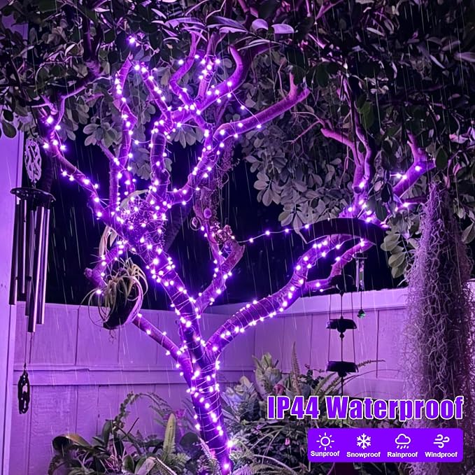 YEGUO 4 Pack Halloween Solar Fairy Lights, Each 33ft 100 LED Purple Christmas Lights Outdoor Waterproof, 8 Modes Sliver Wire Solar String Lights