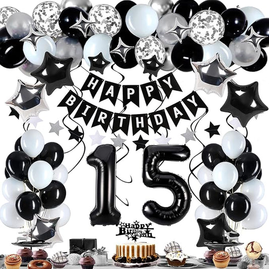 15th Birthday Decorations for Boy Girl, Black White and Silver Happy 15 Party Decor Set with 15 Number Foil Balloons, Banner, Cake Topper for Him Her