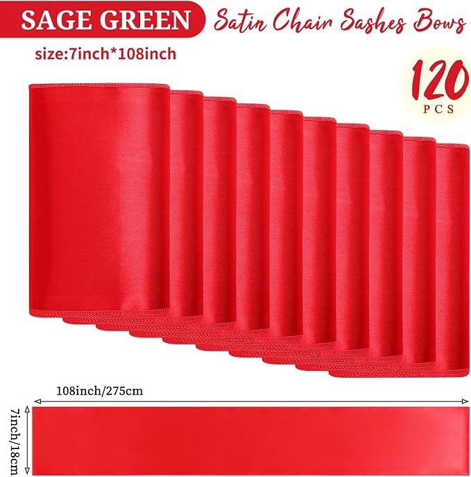 Pesonlook 120 PCS Red Satin Chair Sashes Bows,Satin Chair Sashes Universal Chair Cover for Wedding Reception Restaurant Event Decoration Banquet,Party,Hotel Event Decorations (7 x 108 inch)