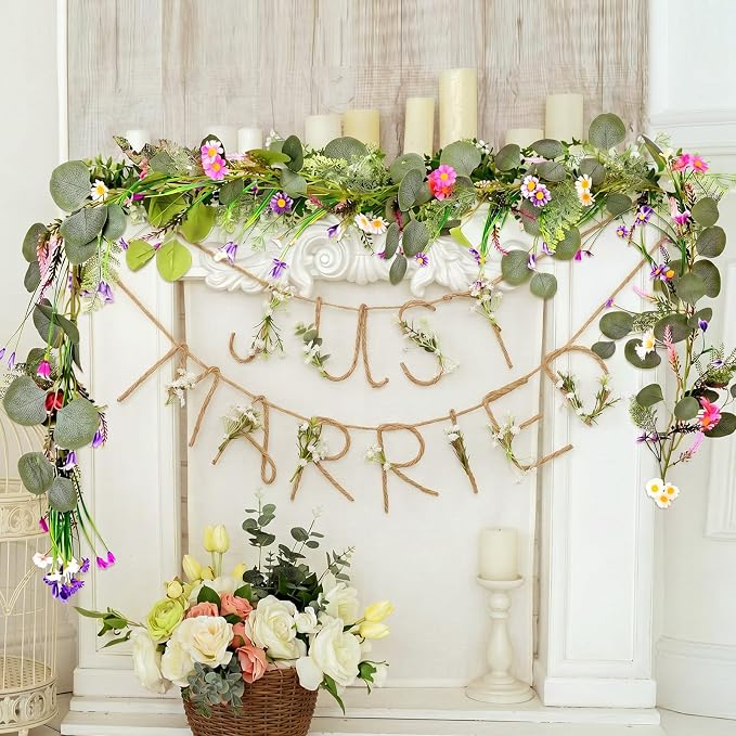 Norme Just Married Banner Baby's Breath Wedding Party Decorations Metal 3D Flower Just Married Photo Booth Props Signs Garland Backdrop Bridal Shower Reception Ceremony Car Decoration
