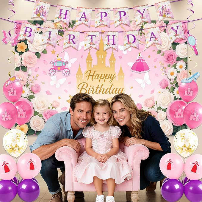 Princess Castle Birthday Party Decorations Set for Girls 3-14 Yrs, with Banner, Backdrop, Balloons, Cake Topper, Cupcake Toppers, Tablecloth, Quick and Easy Setup