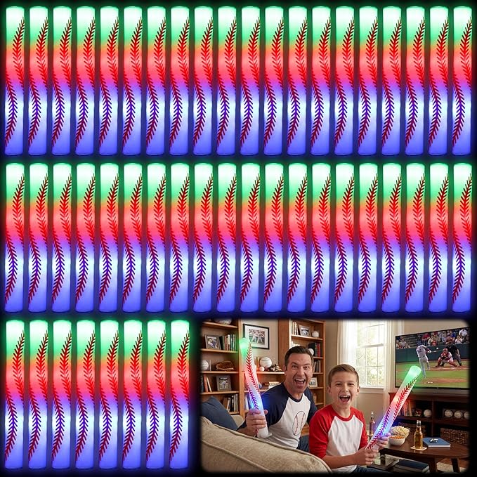 JellyArch 48 Pcs Sports Party LED Foam Sticks Baseball Foam Light up Cheer Sticks Batons with 3 Flashing Modes for Sports Events Birthday Parties Baseball Match Celebrations