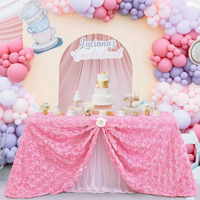 Fanqisi Pink Rosette Tablecloth 50x80 Inches Wholesale Rectangle Table Cover Rosette 3D Satin Tablecloth for Dinner Wedding Birthday Party Reception Table Decoration
