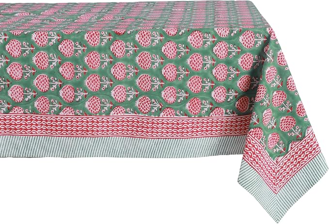 ATOSII Roma Green100% Cotton Rectangle Summer Tablecloth, Block Print Floral Linen Table Cloth for Dining Table Parties Wedding Outdoors I Grand Millennial Decor 60 X 90 Inches 6 Seater I Memorial Day