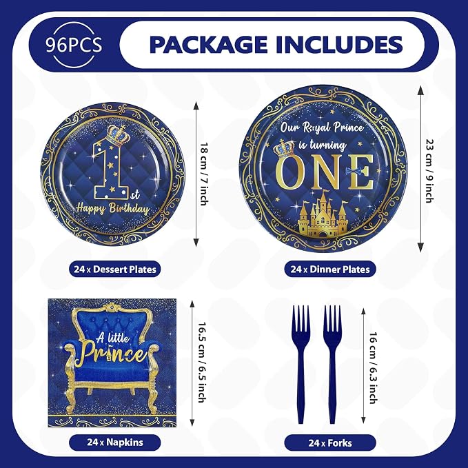 96Pcs Royal Prince 1st Birthday Party Decorations Blue Gold Baby Boy Plates and Napkins Blue Gold Little Prince Tableware Set for Boys 1st Birthday Baby Shower Party Supplies Serves 24