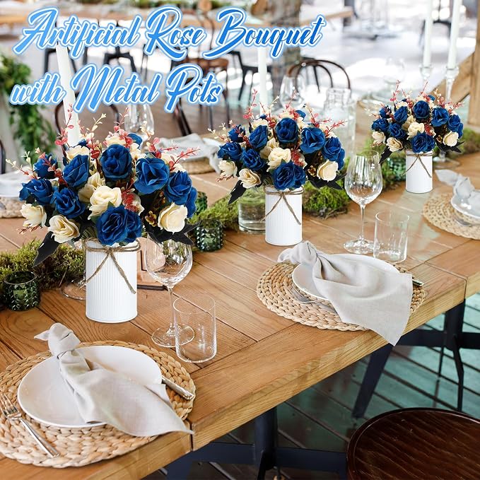 Domensi 6 Sets Wedding Centerpiece for Table Artificial Rose with Vase Fake Bouquets and Metal Pot Flower Arrangements for Bridal Shower Birthday Party Event Table Decor (Dark Blue)