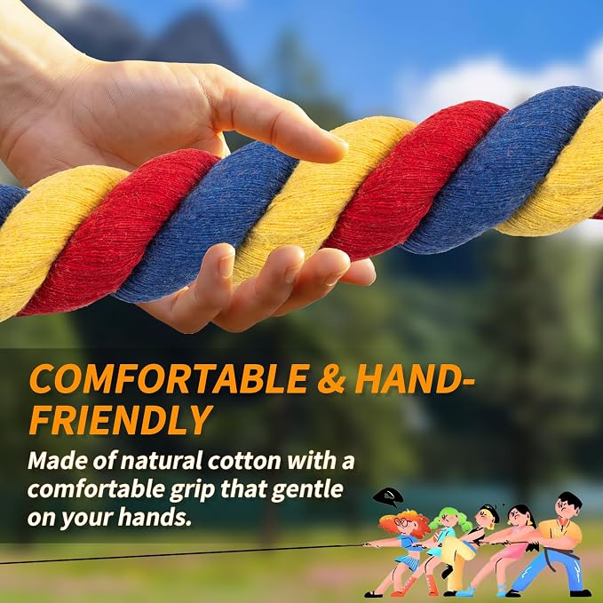 Tug of War Rope for Kids & Adults - 60ft Soft Cotton Outdoor Pulling Rope with Flag for Team Building Activities Field Day Family Reunions Birthday Parties Camping Games