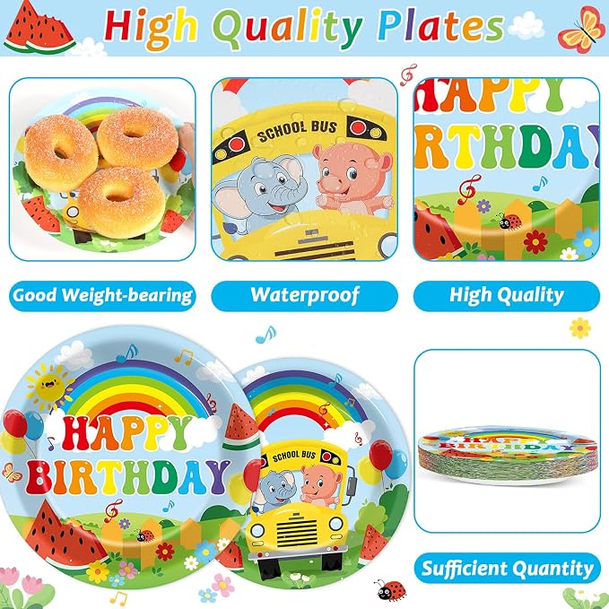 96Pcs Cartoon Melon Birthday Party Decorations Watermelon Theme Tableware Watermelon Bus Rainbow Plates Napkins Forks Cartoon Melon Dinnerware Party Supplies for Kids Birthday Baby Shower Serves 24