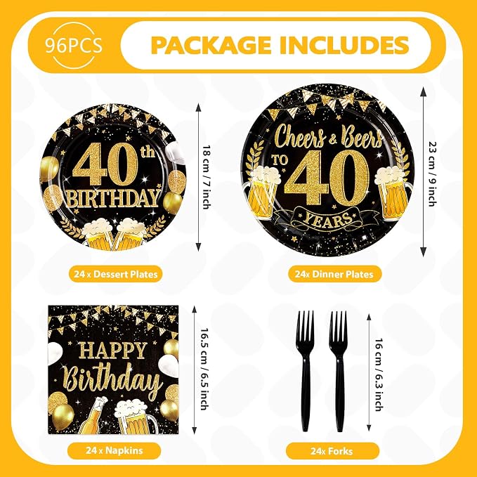 96Pcs 40th Birthday Party Supplies Black Gold Plates and Napkins Tableware Sets Cheers and Beers to 40 Years Decorations Favors for Men Women 40 Years Old Birthday Graduation Holiday Party Serves 24