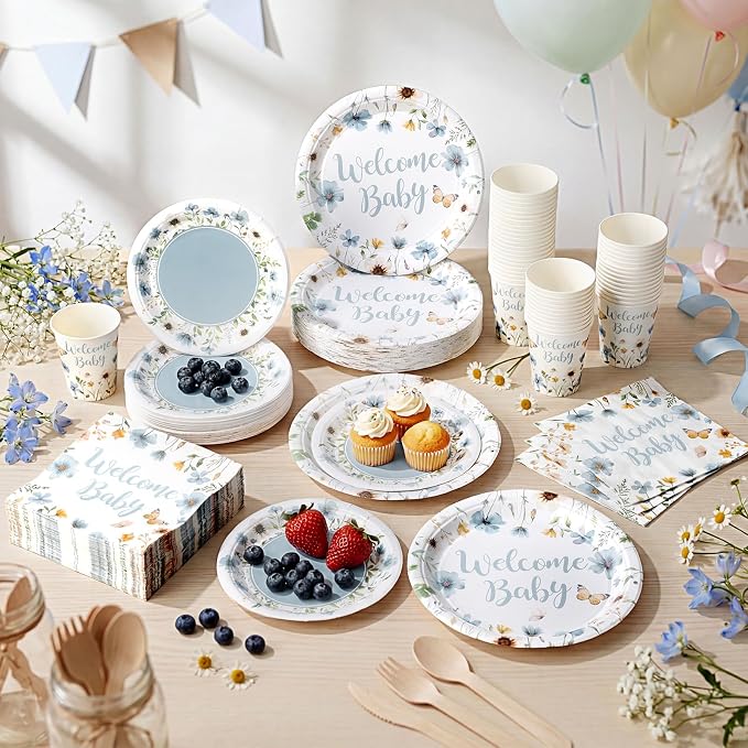 Pickmesh 250 Pcs Blue Floral Baby Shower Party Supplies Decorations Serve 50 Wildflower Welcome Baby Disposable Paper Plates Napkins and Cups for Birthday Babies Boy Shower Gender Reveal Party Decor