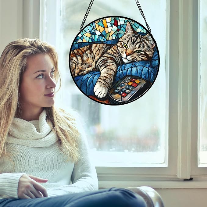 DASTOLL Stained Glass Window Hanging Gray Cat and Remote Control 6.3" - Suncatcher Door Garden Kitchen Sun Catcher Home Decor Birthday for Lost Pets Mom Men Woman Friend Grandma