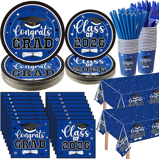 Funnymoom 452 Pcs 2026 Blue White Graduation Decoration for 50, Class of 2026 Blue Graduation Paper Plates Napkins Cups Tablecloth Cutlery Straws for College High School Congrats Grad Party Supplies