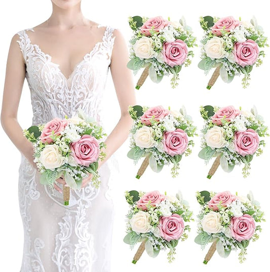 Pink Bridesmaids Bouquets Set of 6 - 7 Inch Artificial Flowers Bridesmaid Bouquet for Wedding Pre-Made Rustic Rose Small Floral Bouquets for Bridal Shower Marriage Proposal Party Anniversary Decor
