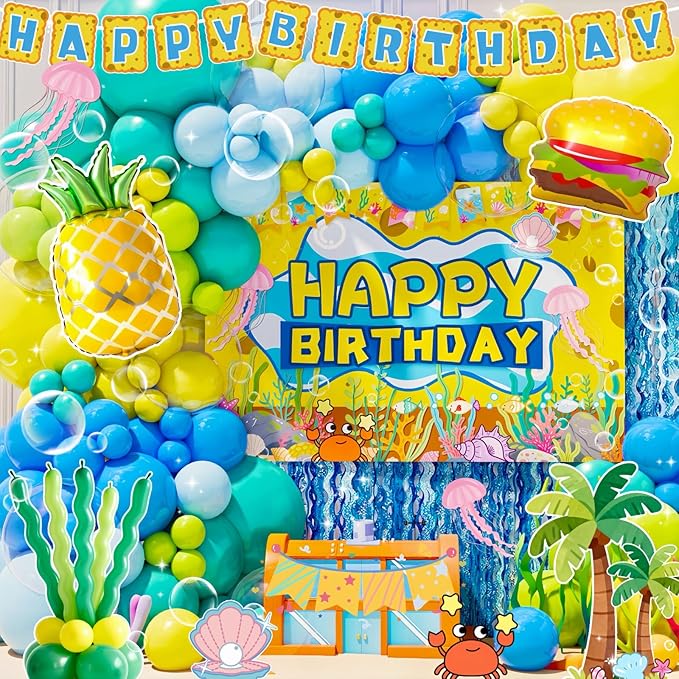 Sponge Birthday Decorations Kit - 153Pcs Under the Sea Party Supplies with Balloon Arch, Backdrop & Video Guide - All-in-One Vibrant Decor for Kids & Teens Birthday, Easy No-Stress Setup