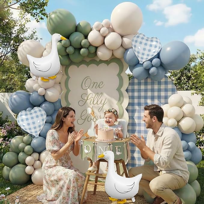 One Silly Goose Balloon Arch Kit – Sage Green Dusty Blue Balloon Garland with Goose gingham heart balloons, Vintage Goose Baby Shower Decorations, Boy or Girl Birthday Party Decor (146PCS)