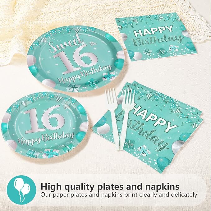 96Pcs Teal 16th Birthday Party Supplies Teal and Silver Sweet 16 Plates and Napkins Tableware Sets Sixteen Party Decorations for Teens Boys and Girls 16 Years Old Birthday Supplies Serves 24