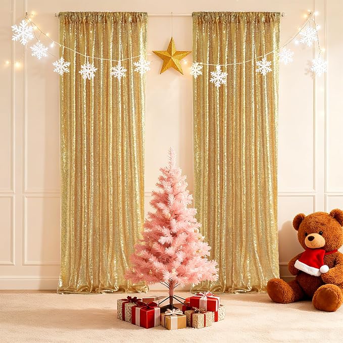 SquarePie 2 PCS 2x8ft Gold Sequin Backdrop Curtains, Satin-Backed Shimmering Photo Booth Background, 2 Panels Narrow Real Sequin Drapes with 4" Rod Pocket for Party, Baby Shower, Doorway Decor
