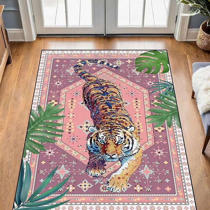 Pink Tiger Area Rug 3' x 5' Tropical Animal Carpet for Kids Bedroom Living Room Nursery Jungle Leaf Floor Mat Modern Aesthetic Non-Slip Doormat Carpet Home Decor