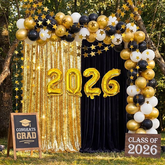 Tingjoo 11 Pcs Class of 2026 Graduation Party Decorations 2026 Number Foil Balloons Black and Gold Sequin Backdrop Curtains Gold Star Garland Grad Party Supplies for College Graduation Decorations
