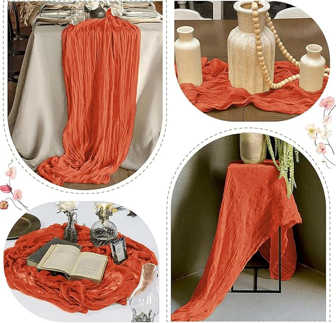 12 Pack Orange Cheesecloth Table Runner 17 x 108 Inch Gauze TableRunner Fabric Semi Sheer Cheese Cloth Table Runner Bulk for Rustic Romantic Wedding Baby Shower Table Decoration