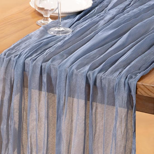 DeZerlor Dusty Blue Cheesecloth Table Runner Spring Easter Table Runner Boho Gauze 120 Inches Blue Table Decor for Wedding Bridal Baby Shower Parties