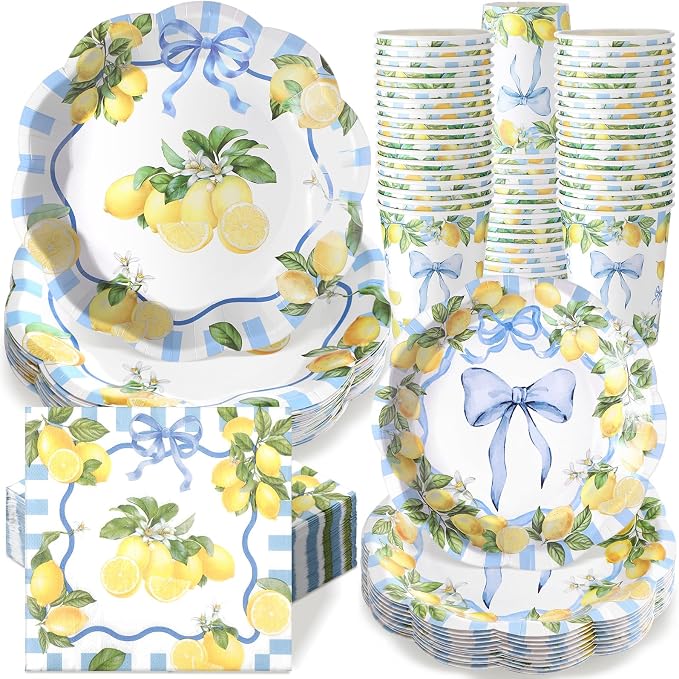 Newtay 250 Pcs Amalfi Lemon Party Plates and Napkins Blue Bow Lemon Theme Disposable Plates Bachelorette Birthday Tableware for 50 Guests for Wedding Bridal Shower Mediterranean Party Supplies