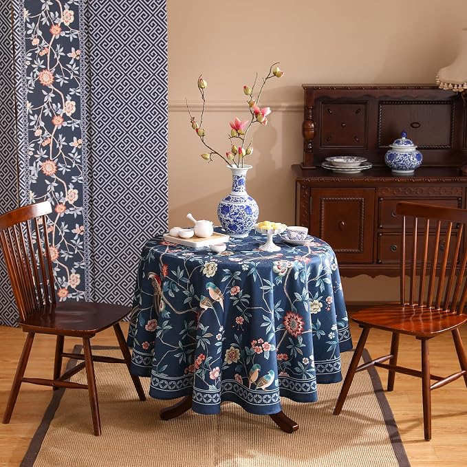 patdrea Elegant Vintage Linen Tablecloth,Round,Diameter 67"-Lanruoting | Chinoiserie Table Cloth for Round Table,Blue Oriental Bird Floral Print,Dining Tea Party Thanksgiving Coffe Table Decor